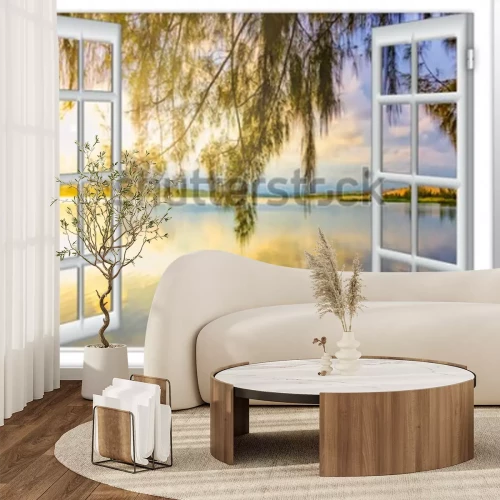 Fotobehang Een paradijselijk uitzicht op de oceaan vanuit het eilandraam op een zonnige zomerdag