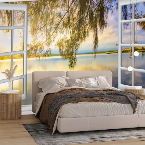 Fotobehang Een paradijselijk uitzicht op de oceaan vanuit het eilandraam op een zonnige zomerdag