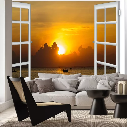 Fotobehang Uitzicht vanuit het raam op de zee en de zonsondergang