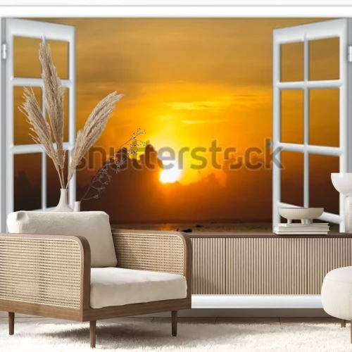 Fotobehang Uitzicht vanuit het raam op de zee en de zonsondergang