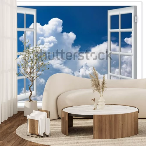 Fotobehang Uitzicht vanuit het witte raam op de lucht en de wolken