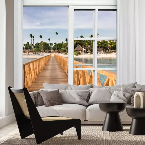 Fotobehang Raam open uitzicht op het prieel in de zee