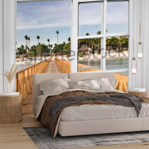 Fotobehang Raam open uitzicht op het prieel in de zee