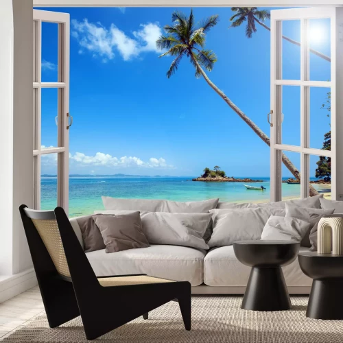 Fotobehang Uitzicht op de tropische zee vanuit het raam