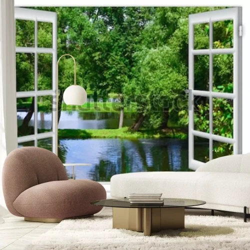 Fotobehang Uitzicht vanuit het raam op het stuwmeer en de boom in de zomer