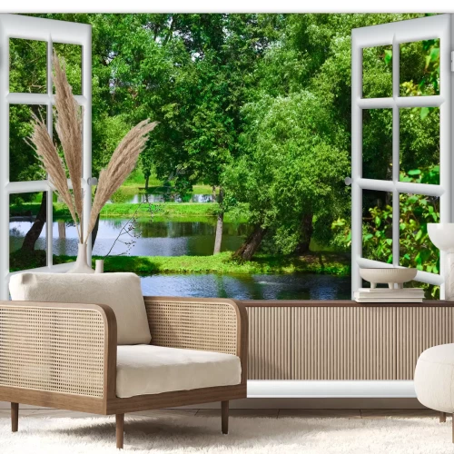Fotobehang Uitzicht vanuit het raam op het stuwmeer en de boom in de zomer
