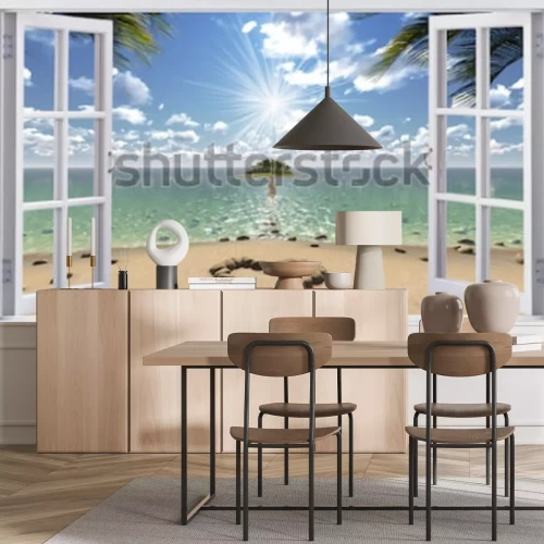 Fotobehang Open raam met uitzicht op zee