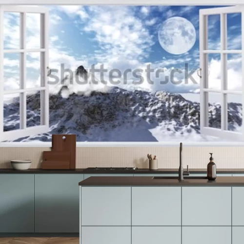 Fotobehang Prachtig berglandschap, het uitzicht vanuit het raam.