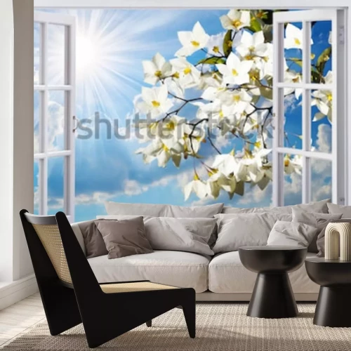 Fotobehang Uitzicht vanuit het raam op een tak met witte bloemen en een zonnige lucht