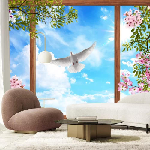 Fotobehang Een blik door het raam op een witte duif tegen de wolken