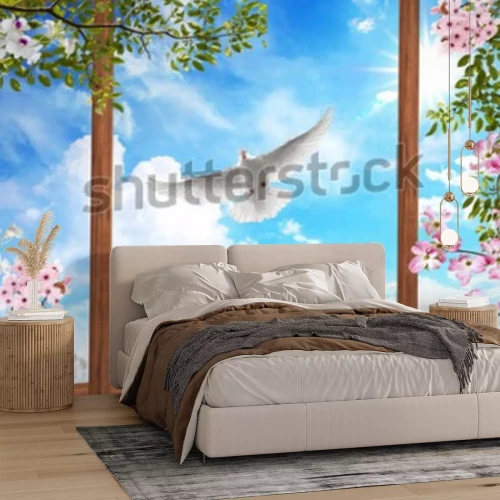 Fotobehang Een blik door het raam op een witte duif tegen de wolken