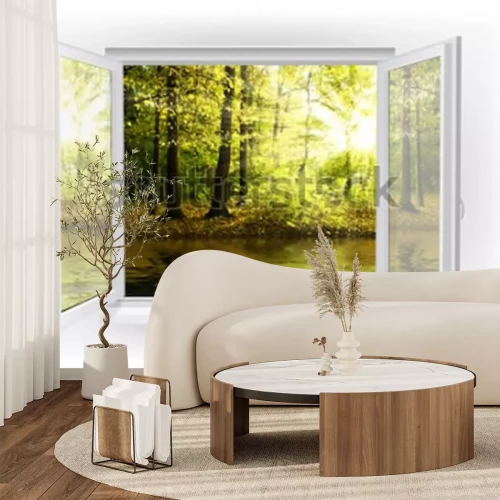 Fotobehang Een open raam met uitzicht op een zonnig bos