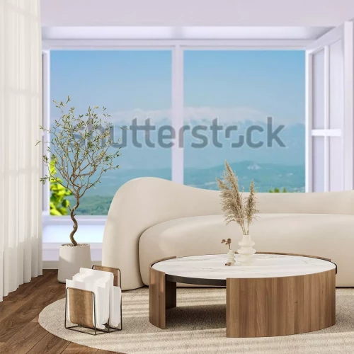 Fotobehang Uitzicht op de bergen door een open wit raam