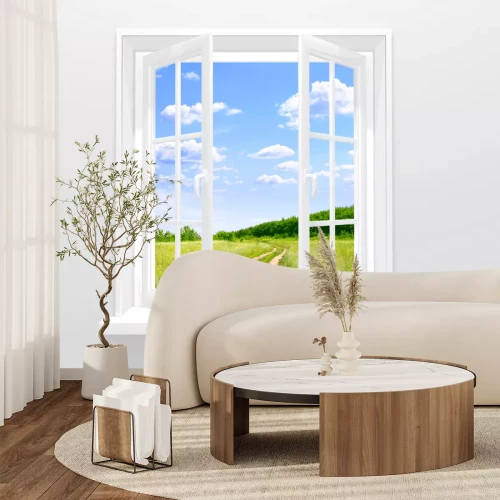 Fotobehang Een open raam en een oude weg