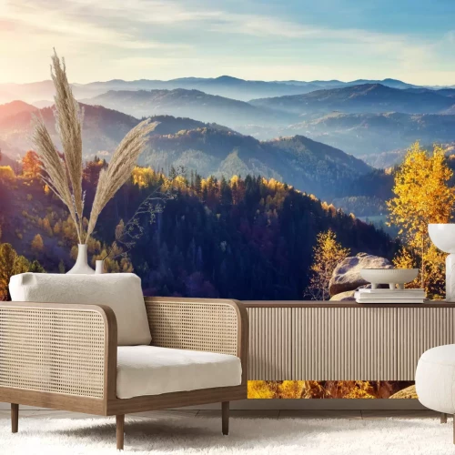 Fotobehang Landschapszonsopgang boven de bergen