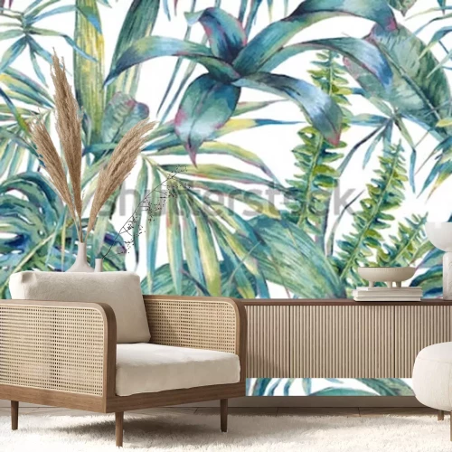 Sticker Het natuurlijke naadloze patroon van de bladeren exotische waterverf, groene tropische bladeren, varen, dichte wildernis, Hand geschilderde botanische de zomerillustratie op witte achtergrond