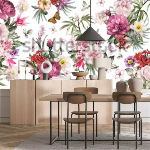 Sticker Romantische compositie met bloemen en vlinders