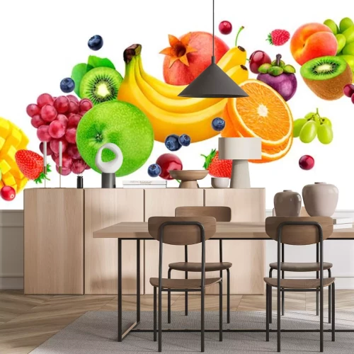 Sticker Falling fruit salad isolated on white background with clipping path, flying fruits and berries collection