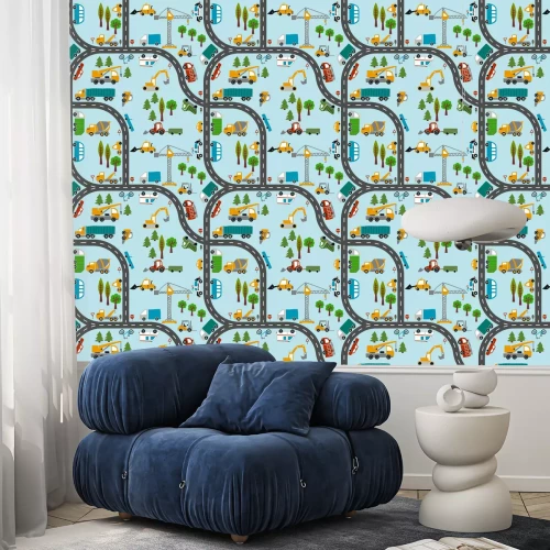 Behang Vehicle pattern design with several machines - funny hand drawn doodle, seamless pattern. Lettering poster or t-shirt textile graphic design. / wallpaper, wrapping paper, background.