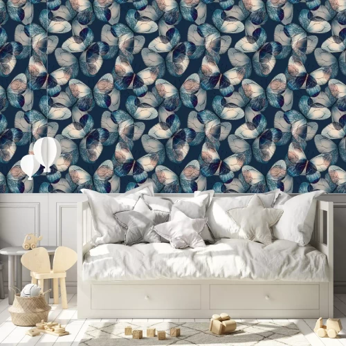 Behang Blauwe realistische retro vlinders