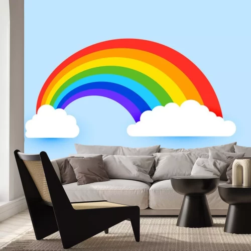 Sticker Kleurrijke regenboog met wolken op de hemelachtergrond
