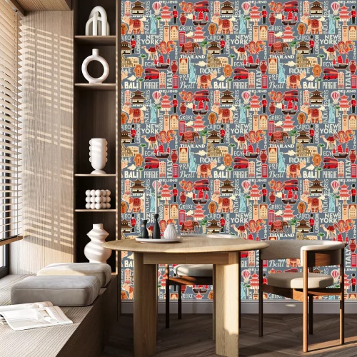 Behang Seamless pattern of tourist attractions and objects of different countries. Vector color graphics