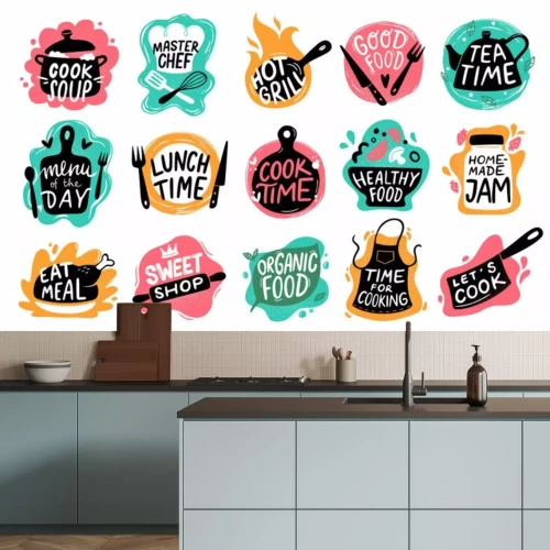 Sticker Cooking food lettering. Kitchen badge logos, baking foods typography and cook labels vector set