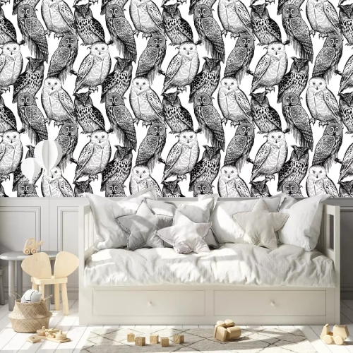 Behang Zwart-witte uilen houden van echte