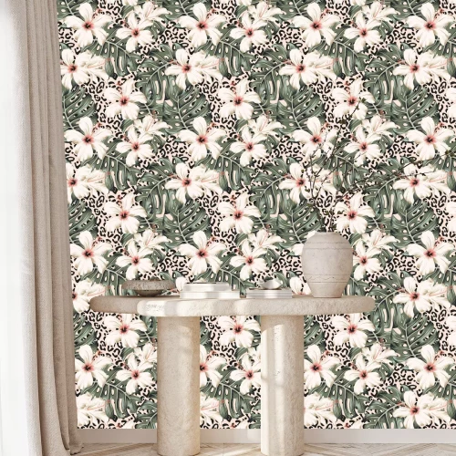 Behang Jungle bladeren en tropische hibiscus bloemen