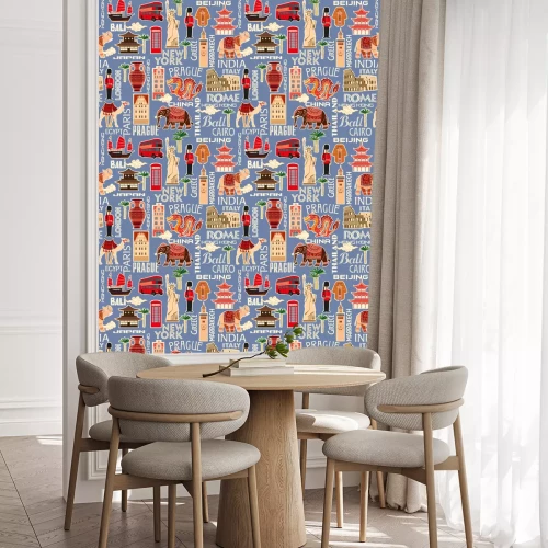 Behang Seamless background pattern of tourist objects from different countries. Vector color graphics