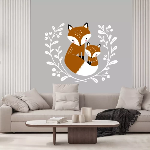 Sticker Cute hand drawn vector foxes in wreath. Perfect for tee shirt logo, greeting card, poster, invitation or print design. 