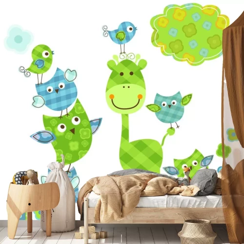Sticker Blauwe en groene vogels en giraffen