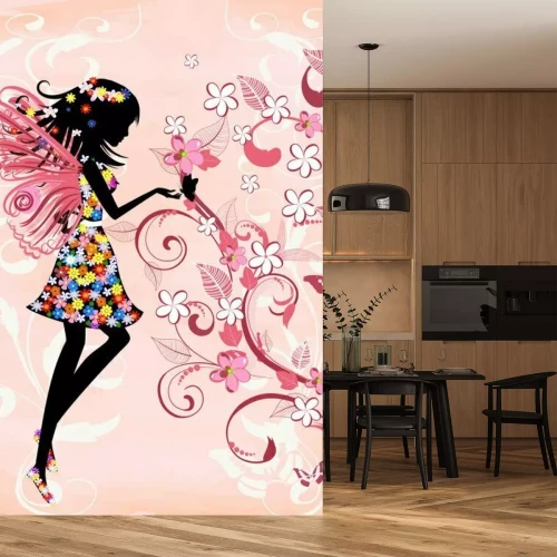 Fotobehang Zwart silhouet van een fee in bloemen