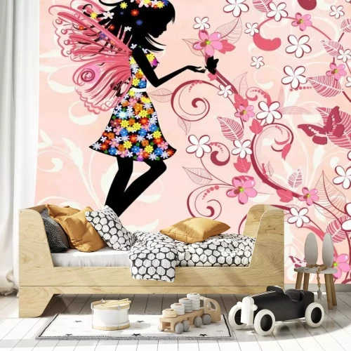 Fotobehang Zwart silhouet van een fee in bloemen