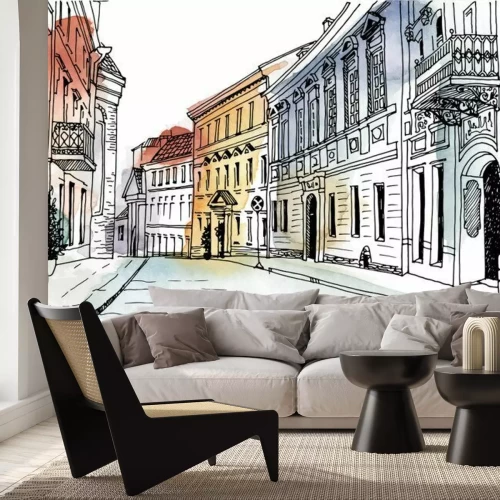 Fotobehang De oude stad in aquarel