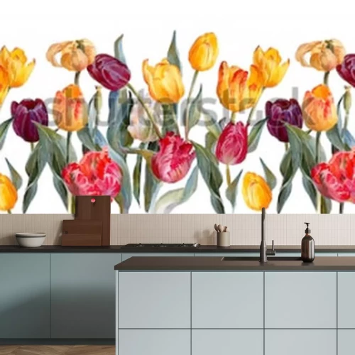 Fotobehang Gele tulpen met rood en paars