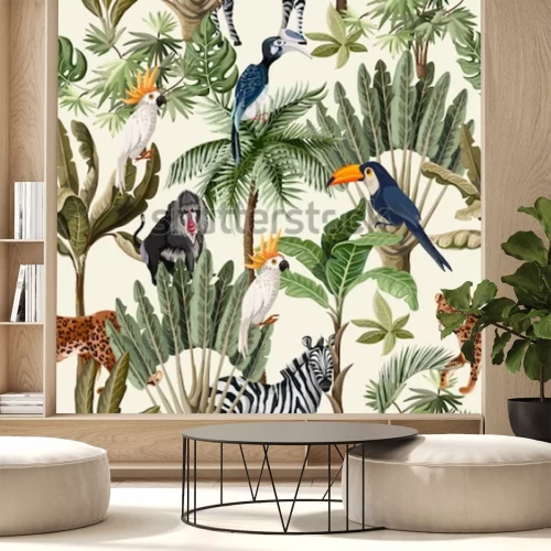 Sticker Naadloos patroon met exotische bomen en dieren.