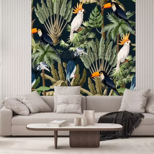 Sticker Naadloos patroon met exotische bomen en wilde vogels, papegaaien en toekans.