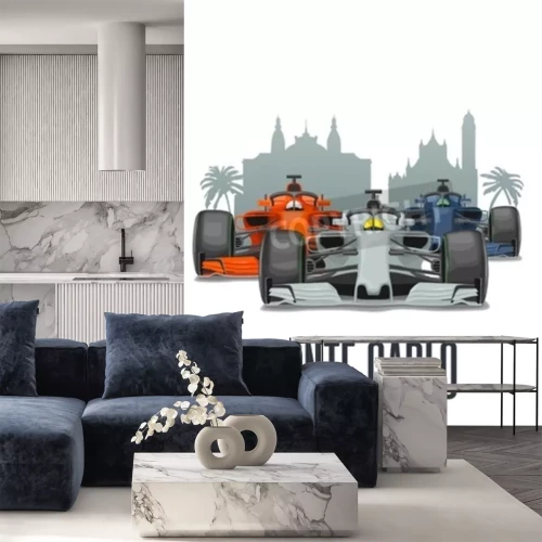 Sticker Cityline Monte Carlo and three racing cars on Grand Prix Monaco. Vector flat illustration isolated on white background for poster, web icon