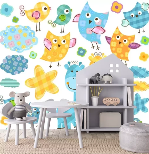 Sticker Set van kleurrijke grafische vogels giraffen wolken