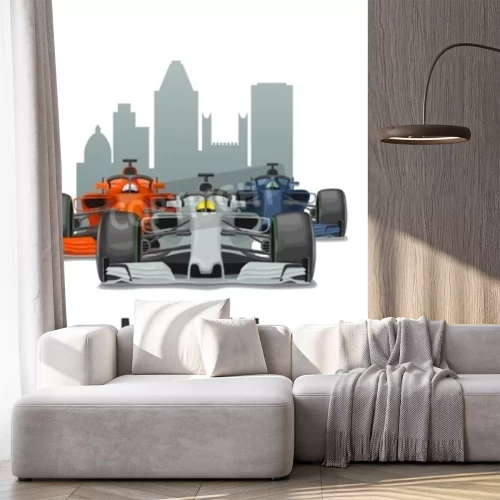 Sticker Cityline Montreal and three racing cars on Grand Prix Canada. Vector flat illustration isolated on white background for poster, web icon