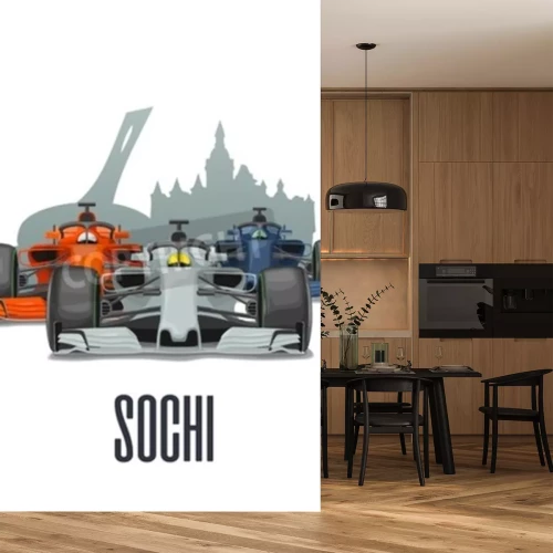 Sticker Cityline Sochi and three racing cars on Grand Prix Russia. Vector flat illustration isolated on white background for poster, web icon