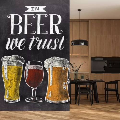 Sticker In beer we trust hand drawn lettering with beer glasses on black chalkboard background. Vintage food illustration.