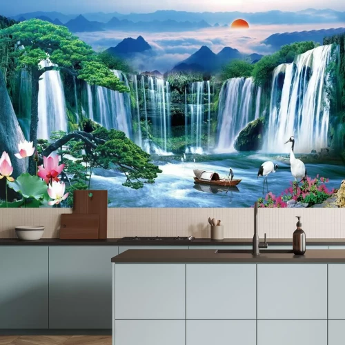 Fotobehang Abstract landschap waterval tegen een bergachtergrond