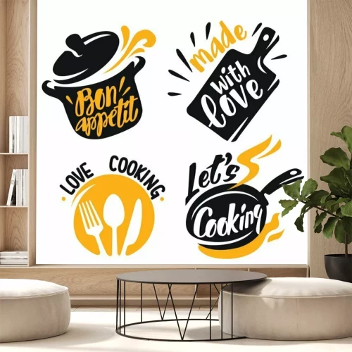 Sticker cooking lettering elements icons on white