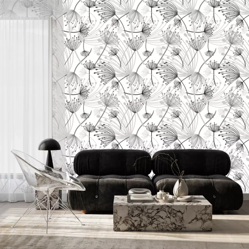 Behang Paardebloemen zwart en wit en grijstinten