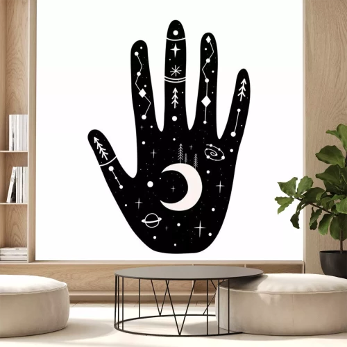 Sticker Afbeelding van een zwarte hand met symbolen op een witte achtergrond.