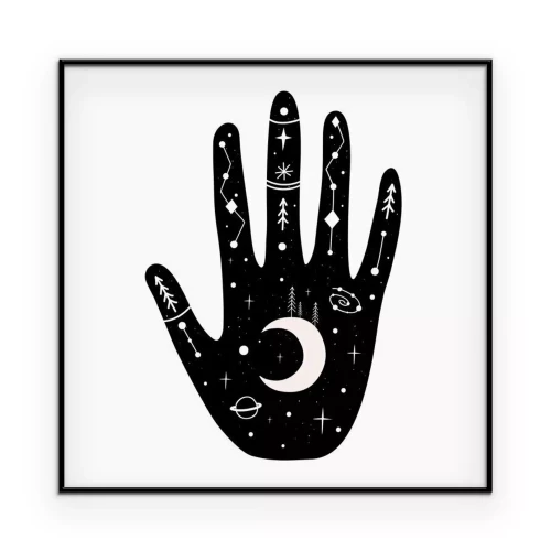 Poster Afbeelding van een zwarte hand met symbolen op een witte achtergrond.