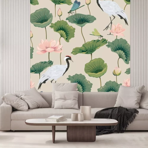 Sticker seamless pattern with lotuses and Japanese cranes