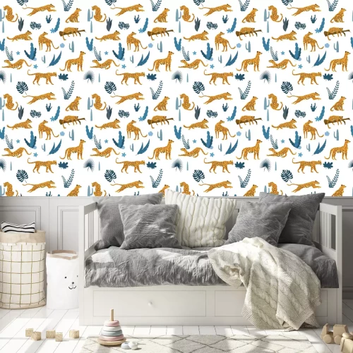 Behang Seamless pattern with leopards in different poses with tropical leaves, plants, mammal, predator, jungle
